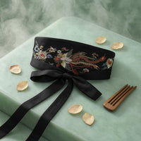 Wide Bird Embroidered Waist Belt Tie Closure Embroidered Waist Belt
