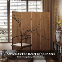 New Chinese Design 4-Panel Plum Blossom Partition Foldable Design Folding Screen Wabi-Sabi Aesthetic Room Divider Freestanding for Interior Designers, Business Owners, Office, Bedroom, Restaurant, Studio Apartment