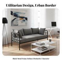 utilitarian aesthetic Iron Frame Settee Minimalist Design Sofa Modern Aesthetic Small Couch stylish for Interior Designers, Apartment Dwellers, Clothing boutique, cosmetic studio, Office Reception, Waiting Room