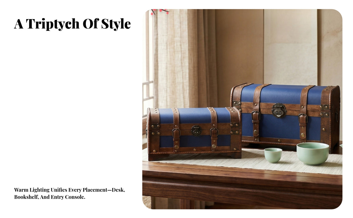 Vintage-Style Wooden Storage Chest | faux-leather Straps, Space-Saving Compact Design, Decorative Wooden Box, for Home Styling