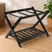 Foldable Folding Luggage Rack with Shelf Double-Tier Bamboo Suitcase Stand with Shelf Long-Lasting Luggage Rack with Two Shelves Sturdy for Travelers, Bedroom