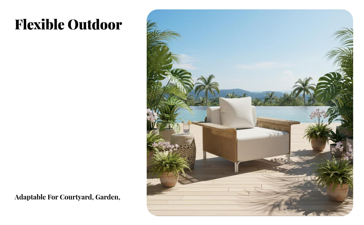 4 Pieces Southeast Asian design 4-Piece Wicker Chat Set Woven Design Outdoor Furniture Weather Resistant Patio Seating Sturdy Construction for Hospitality Business Owners, Homeowners, Families, Balcony, rearyard, Porch, waterfront