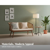 Rattan armrestrest Sofa Earthy Aesthetic look and feel Upholstered Bench with Rattan armrestrests Nordic design living Room Couch for residents, study alcove, Bedroom, Entryway