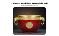 Elephant Handle Feng Shui Treasure Basin Gold Rim Copper Feng Shui Wealth Bowl Ornate Decorative Vessel for Living Room