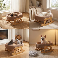 Elevated Cat Bed Rocker Lounger, Wood Frame Oval Basket for Indoor Cats, Universal Season Breathable Silicone Mat for Sleeping and Playing Use
