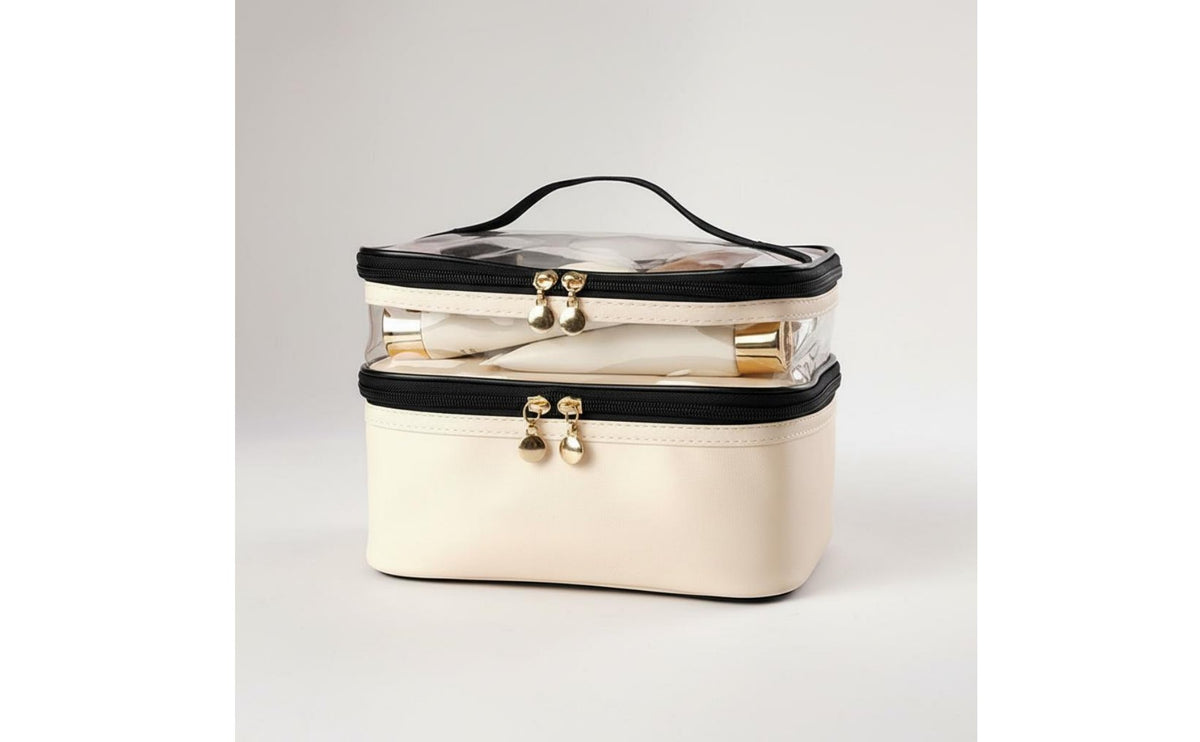 Double Layer Makeup Bag Waterproof Double Layer Cosmetic Case See-Through Design Clear Top Cosmetic Organizer for Jet-Setters, Women, Home Storage