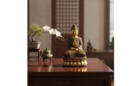 Buddha Statue with Pedestal Copper-Toned Statue with Pedestal Ornate Buddha Figurine for Altar
