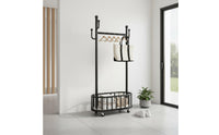 Rolling Clothes Rack with Basket Heavy Duty Freestanding Garment Rack with Hooks Mobile Design Style Coat Tree for Living Room, Entryway