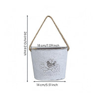 Distressed White Hanging Flower Pot Bird Motif Iron Flower Pot Rope Handle Metal Bucket Planter Printed Text