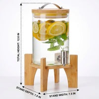 Glass Water Dispenser with Wood Stand, Large Cold Water Dispenser with Stainless Steel Tap, Ice Crackle Pattern Glass Dispenser for Home Bar Use
