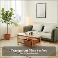two-level Oval Glass and Rattan Stand Nordic Design Coffee Table Space-Saving Rounded Edges for Living Room, Lounge Area, Office