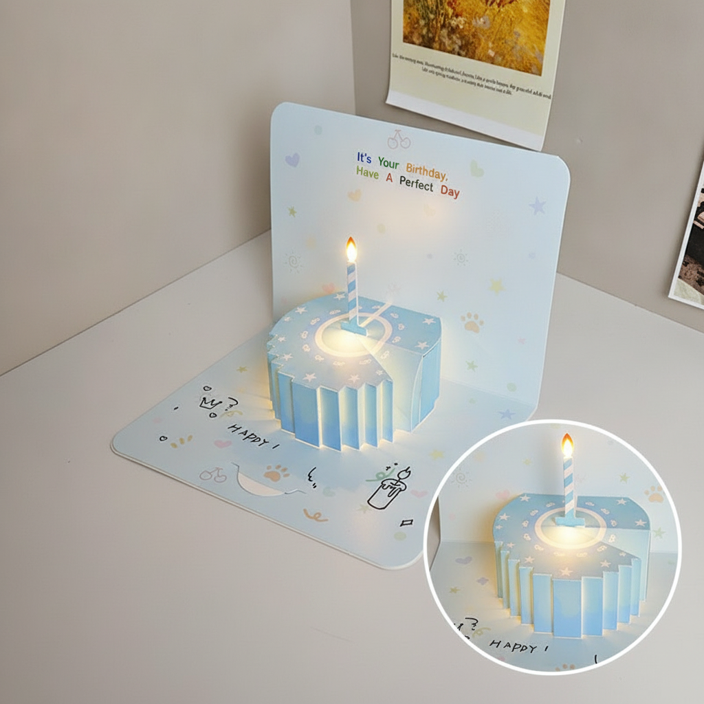 3D Birthday Cake Greeting Card with Music and Lights, Recording Message Card for Birthday Gift