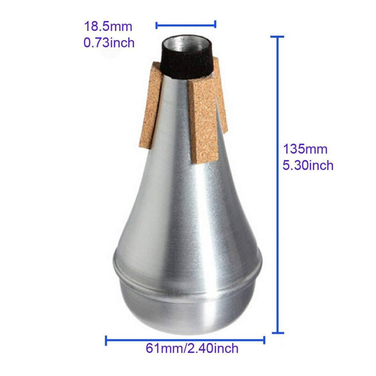 Cork Pads B and B Trumpet Practice Mute Tapered Cone-Shaped Trumpet Practice Mute Silver-Colored Black Collar