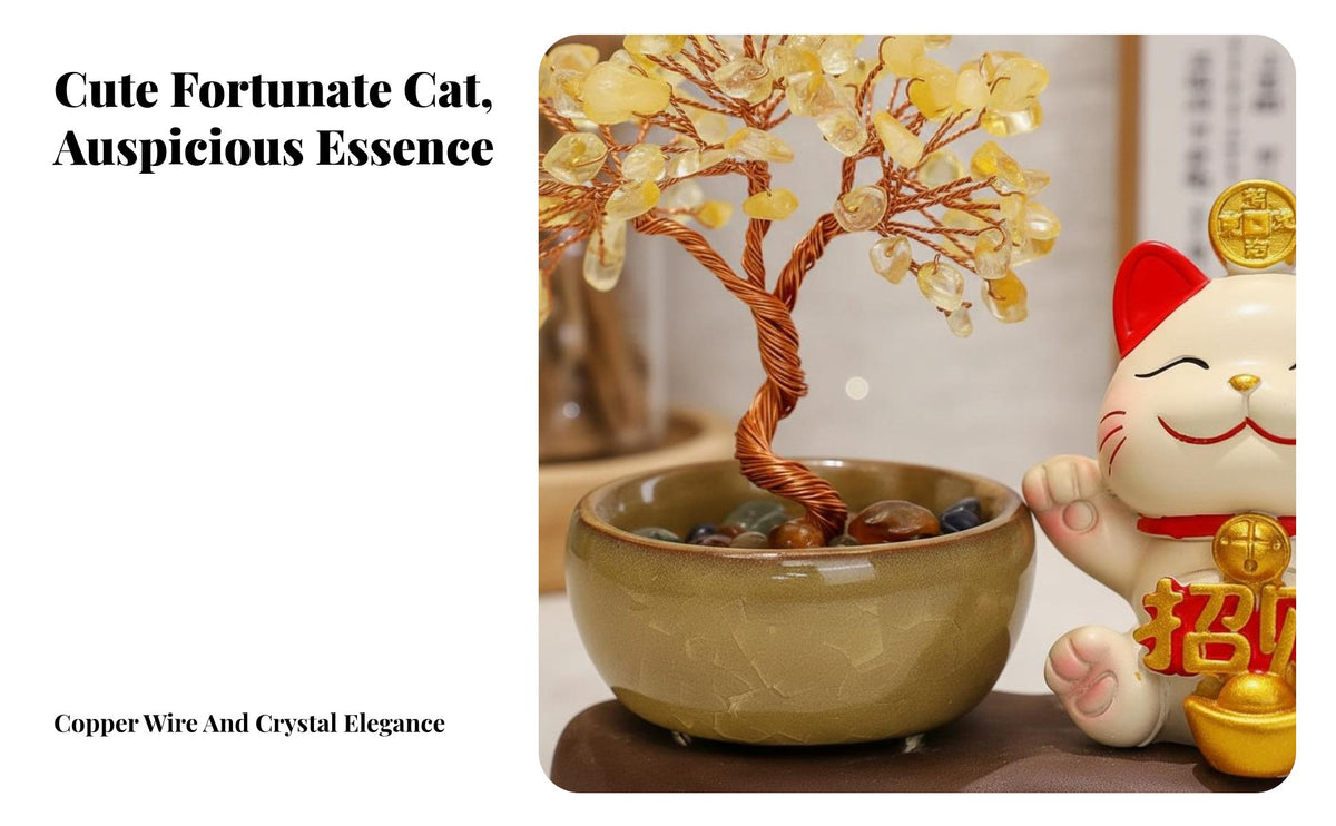 Fortunate Cat Crystal Tree Decoration Chinese Chic Design Beckoning Cat Wealth Tree Figurine Beckoning Cat Statue Good Luck