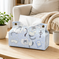 Waterproof Tissue Box Cover, White Leather Tissue Box Holder with Cartoon Print, 24x20x17.5cm Pull-Out Tissue Holder for Car, Living Room, Bathroom