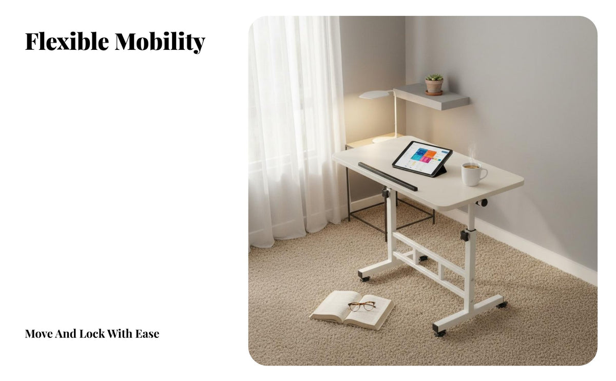 Multi-Functional Mobile Bedside Laptop Stand Space Saving Rolling Bedside Table On Wheels Adjustable C-Shaped End Table Stable Structure for Distant Workers, Professionals, Apartment Dwellers, Bedroom, Home Office, Dorm Room, Small Areas