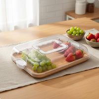 Built-in Compartments Bamboo Serving Tray with Lid Easy-Snap Locking System Divided Food Tray with Handles Food-Safe Safe Reversible Compartment Platter for Party Hosts, Picnic, Potluck
