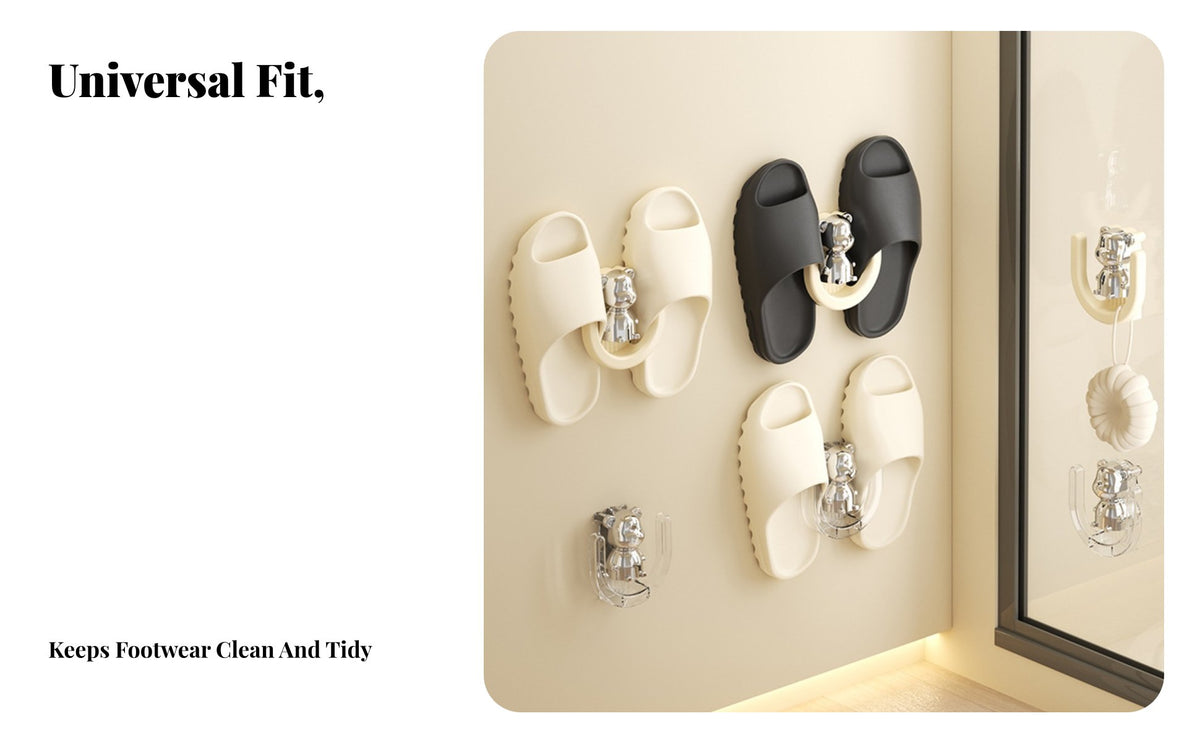Wall-Mounted Slipper Rack Drill Installation Bear-Themed Shoe Holder Draining Design Storage Solution for Families, Washroom, Restroom, Entryway