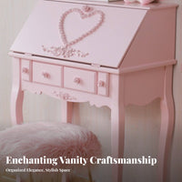 French design Carved Dressing Table with Stool and Mirror Princess Theme Vanity Set Floral Carvings Bedroom Furniture Space-Saving for Teenage Girls, Makeup lovers, Teenagers, Small Apartment, Dorm Room
