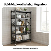 No-Installation Required Foldable Rolling Rack Multi-Tier Rolling Foldable Shelving Unit Space-Saving Household Storage Mobile with Wheels for Home Organizers, Apartment Dwellers, Kitchen, Balcony, Living Room, Bedroom