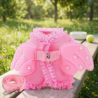 Dog Harness and Cat Harness Vest with Leash Set, Soft Polyester Puppy and Kitten Harness with Angel Feathers and Pearls for Small Dog Walking