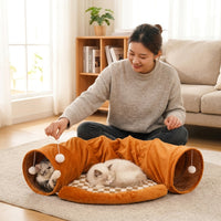 125cm Cat Tunnel with Flannel Warming Mat, Foldable Cat Tunnel and Cat Beds for Indoor Cats, Washable Enclosed Play Toy for Small Animals