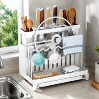 Stainless Steel Utensil Holder, Modern Countertop Cutlery Drainer with Double Chopstick & Rag Rack, Drip Tray for Small Kitchens