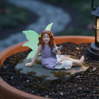 Girl and Hare Figurine Fantasy Whimsical Fairy Garden Figurine Outdoor Resin Bunny Statue for Micro Landscape