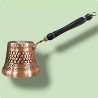 Tinned Interior Turkish Coffee Pot Wooden Handle Copper Cezve Hanging Loop Engraved Copper Pot Stovetop Use for Heating Drinks