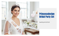 Shiny Crown Bridal Headpiece, Soft Veil with Comb, Bride to Be Sash, Princess Party Set