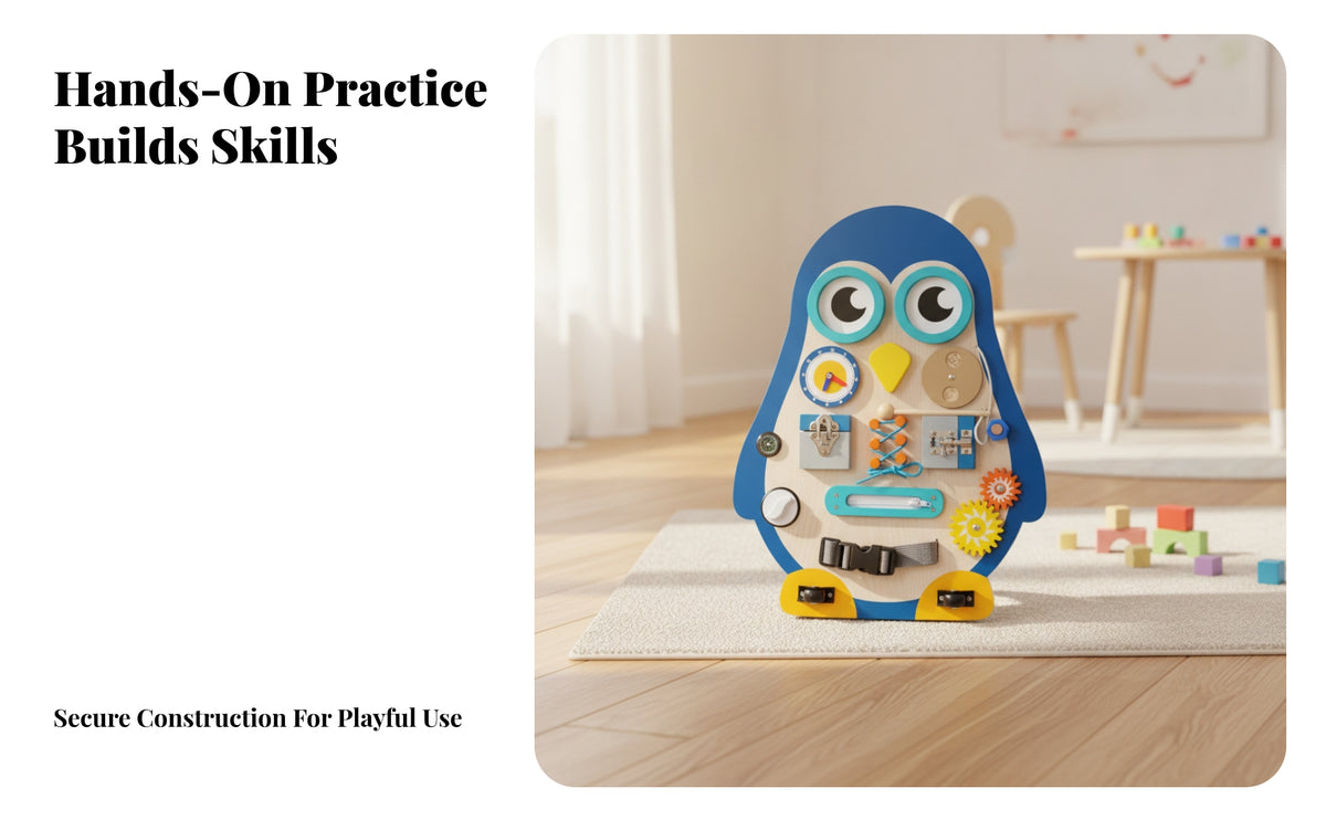 Educational Penguin Activity Board | Fine-Motor exercise interactive play, Wooden Busy Board with Clock