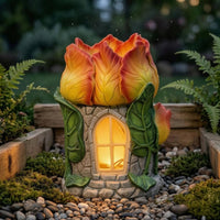 Stone-Textured Cottage Ornament Arched Window Floral House Ornament Carved Leaves for Lawn