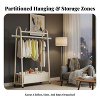 On casters Rolling Clothes Rack with Shelf Mobile Wheeled Clothes with Shelf Freestanding Garment Stand Simple Design for Students, Renters, Homeowners, Bedroom, Balcony, Laundry Room, Entryway