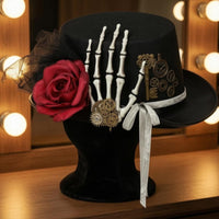 Skeleton Hand Gothic Steampunk Hat Gear Accents Gothic Top Hat Textile Rose Costume Accessory