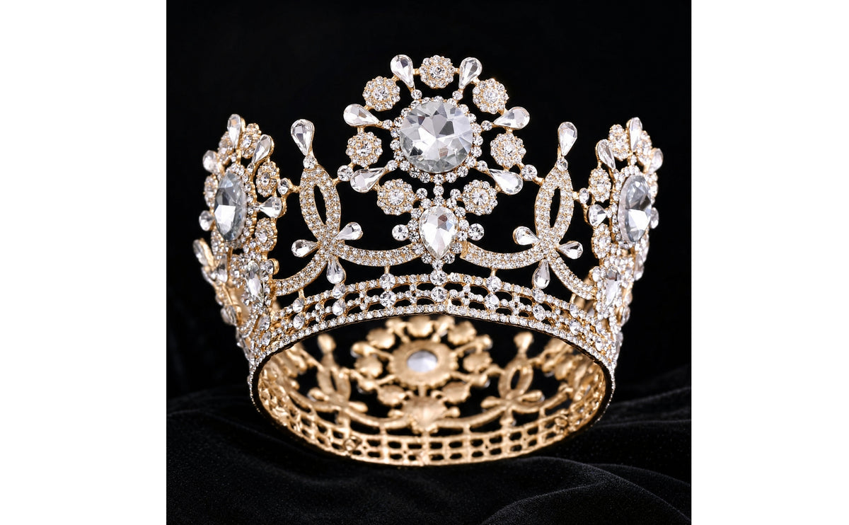 European Vintage Bride Crown Tiara - Crystal Rhinestone Round Crown for Performances
