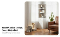 Space-Saving Design Corner Shelf Unit with Drawers Freestanding Multi-Tier Corner Bookcase Small Footprint Storage Cabinet Enclosed Compartments for Apartment Dwellers, Homeowners, Office Workers, Study Room, Bedroom