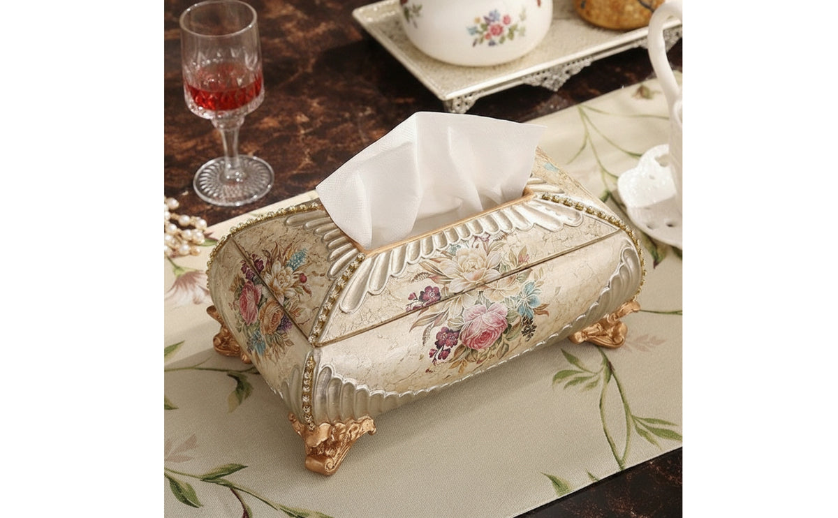 Decorative Resin Tissue Box Vintage Tissue Box with Feet Antique Ornate for Vanity, Living Room, Office Desk