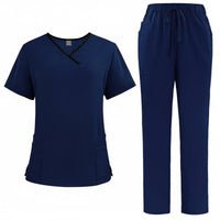 Multiple Pockets V-Neck Scrub Set Drawstring Waist Short Sleeve Nursing Attire Breathable Two-Piece Medical Workwear Soft Material for Dentists, Healthcare Workers, Veterinarians, Oral Health Office, Hospital, Medical Facility