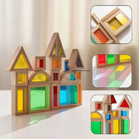 13 Pieces Translucent Geometric Blocks Smooth Wooden Building Blocks with Acrylic Inserts Stacking Toys STEM Rainbow