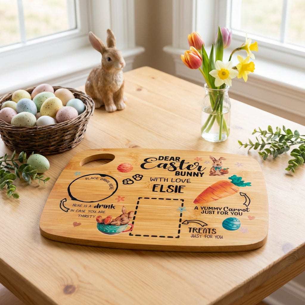 Wooden Serving Platter Holiday Serving Tray Cutting Board Easter Bunny Carrots Decor Easter Table Decoration Rabbit Dinner Platter for Kitchen
