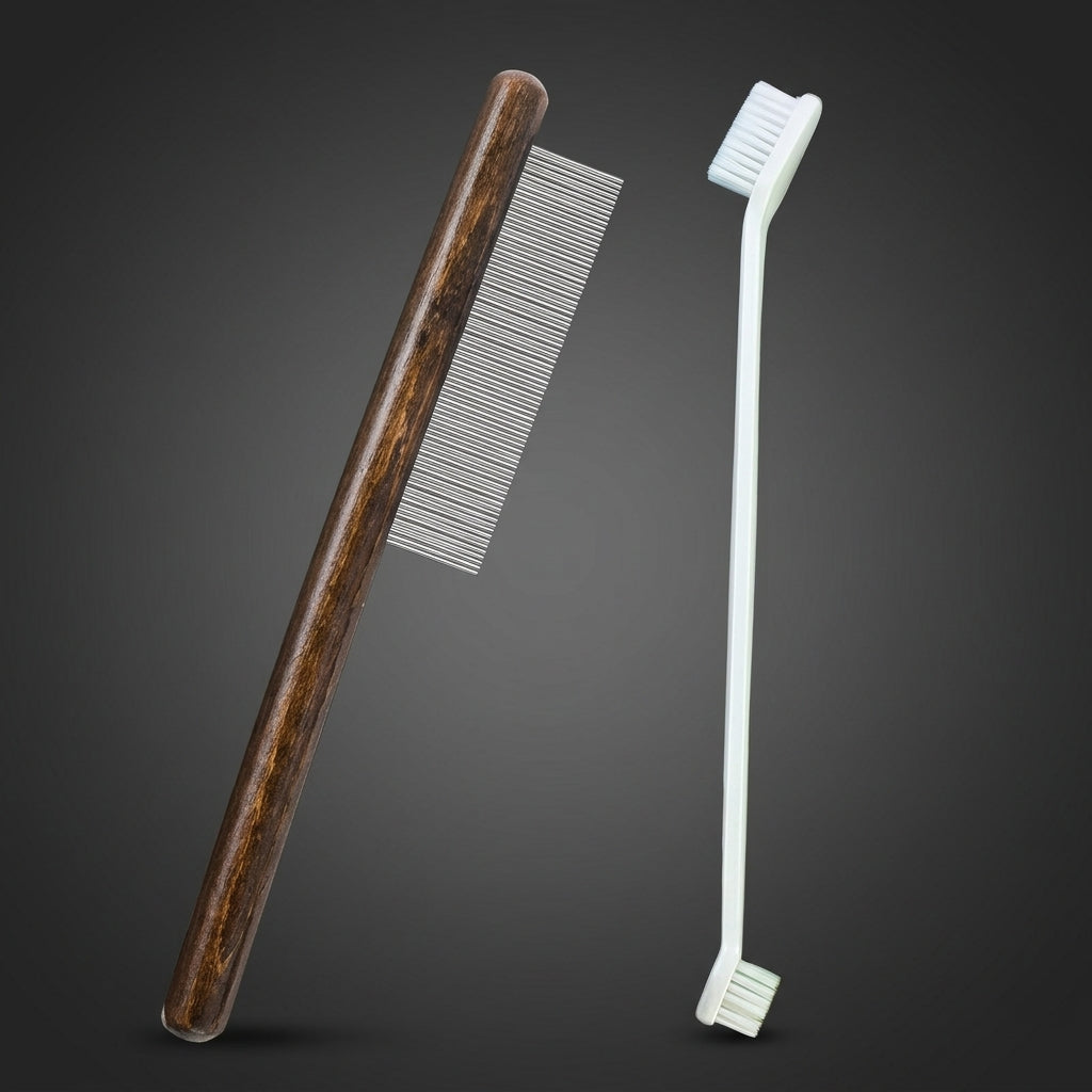 Cat Brush and Pet Hair Remover with Wooden Handle, Professional Cat Comb for Long Haired Pets, Detangling Comb for Mats, Includes Toothbrush