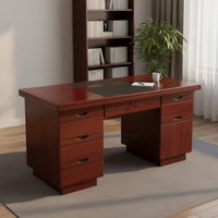 Lockable Drawer Wooden Writing Desk with Secure Wood Grain Finish Double Pedestal Desk Sturdy Construction Workstation Waterproof Surface for Personnel, Students, Study Room