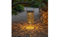 Weather Resistant Hollow Metal Solar Lantern Portable Cylindrical Cutout Lantern Flower Pattern Solar Lamp for Tabletop