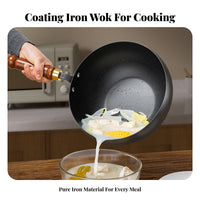 Uncoated Iron Wok Coating Coatingless Wok with Pouring Spout Uncoated Iron Pan Natural Non-Stick Deep Stir-Fry Pan Even Heating