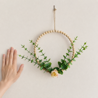 Wooden Bead Wreath Spring Door Wreath, Pastoral Decorative Wreath for Front Door, 22x30cm Bow Wreath with Artificial Flowers, Country House Style
