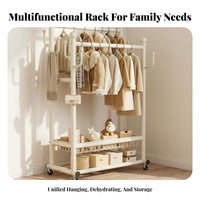 Multi-Functional Double Rod Garment Rack Heavy Duty Rolling Clothes Rack Mobile Coat Stand for Homeowners, Students, Retailers, Bedroom, Balcony, Laundry Room, Entryway