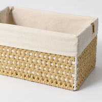 Lined Toy Storage Basket, Paper Rope Woven Storage Basket for Shelves, Rectangular Colour Block Organiser with Cut-Out Handles