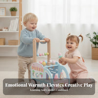 Pastel Blue and Pink Ice Cream Cart Stroller Pretend Play Ice Cream Cart Toy Decorative Cutouts Wooden Baby Stroller Bead Accents