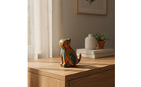 Creative Gift Rainbow Wood Cat Figurine Polished Finish Carved Wooden Cat Statue for Desk, Shelf, Living Room