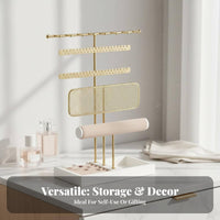 Necklace and Earring Holder Large Capacity Jewelry Stand with Band Tray Multi-Tier Jewelry Stand Stable Wooden Base for Vanity